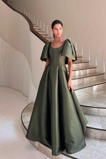 Jewel Neck Short Sleeves Long A Line Prom Dress With Pleated