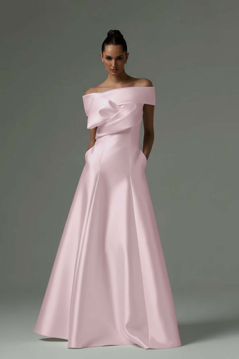 Off the Shoulder Sleeveless Long Prom Dress With Pleated Pocket