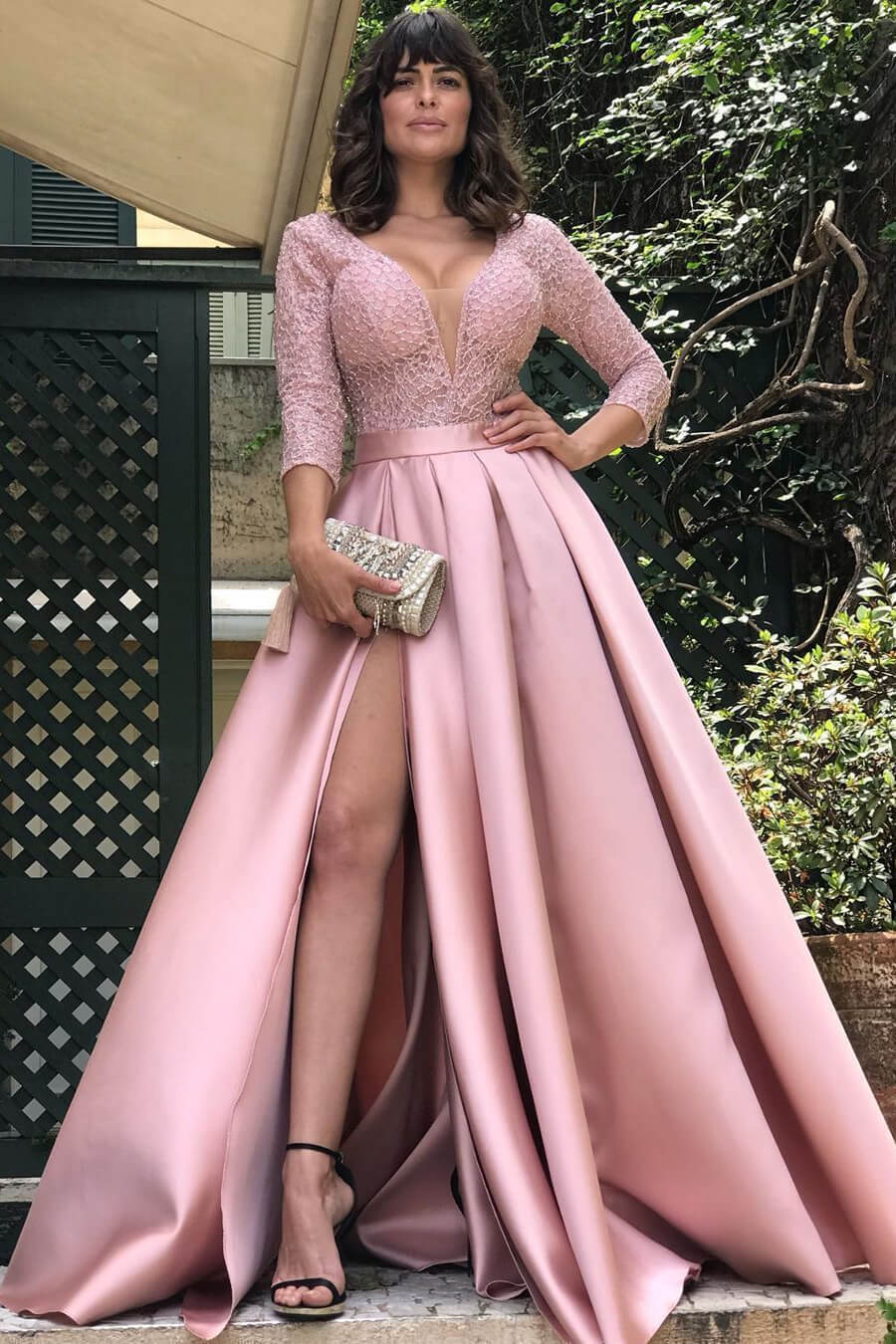 Elegant Deep V Neck 3/4 Sleeves Satin Prom Dress Long Split With Belt