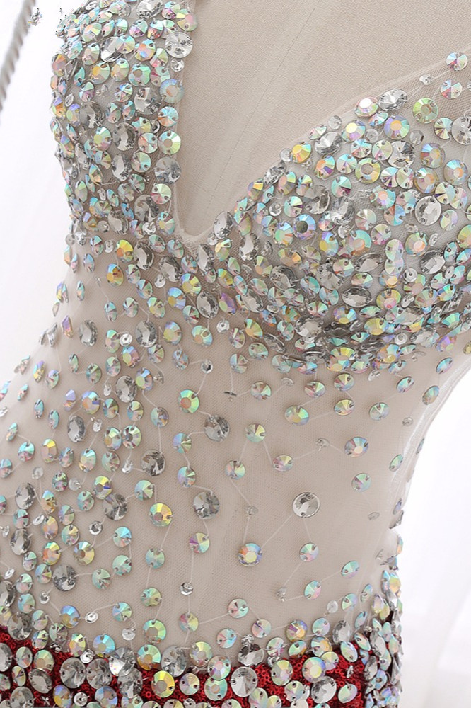 BMbridal Sparkly Sequined V-Neck Burgundy Mermaid Prom Dresses with Rhinestone Top