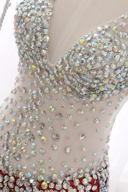 BMbridal Sparkly Sequined V-Neck Burgundy Mermaid Prom Dresses with Rhinestone Top