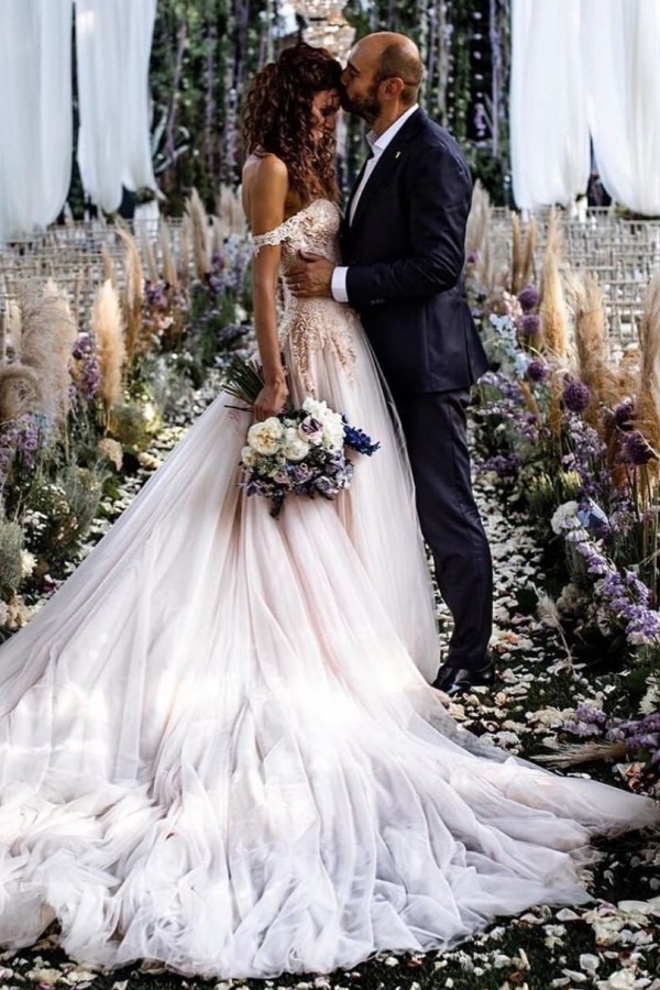 Bmbridal Champagne Tulle Bridal Dress Off-the-Shoulder With Appliques-BMbridal