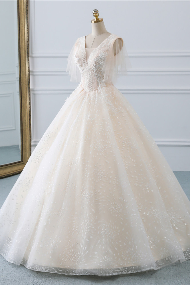 BMbridal Gorgeous Ball Gown V-Neck Tulle Beadings Wedding Dress Rhinestones Appliques Bridal Gowns with Short Sleeves On Sale-BMbridal