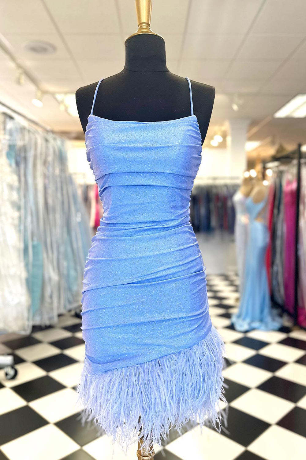 Glitter Fuchsia Feathered Tight Short Homecoming Dress