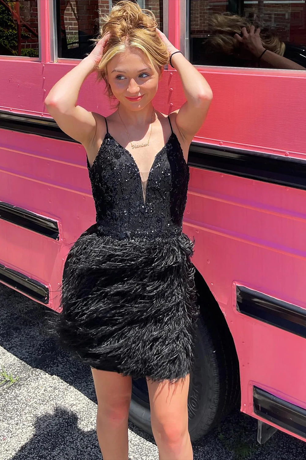 Pink Sequins Tight Homecoming Dress with Feathers-BMbridal