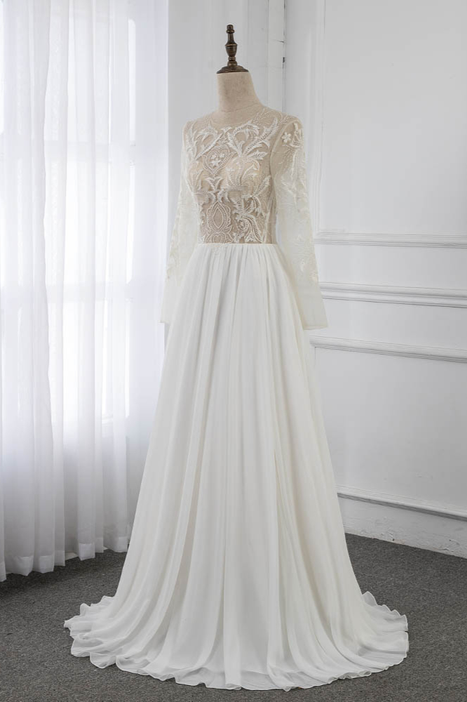 BMbridal Affordable Jewel Chiffon Ruffles Wedding Dresses Lace Top Long Sleeves Bridal Gowns Online