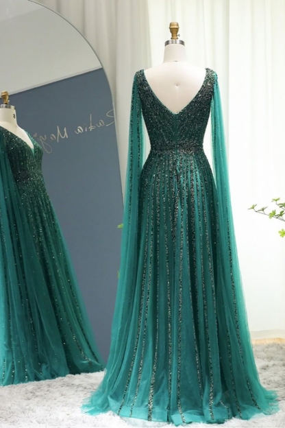Bmbridal Peacock Tulle V-Neck Sleeveless Floor-Length Prom Dresses with Beadings