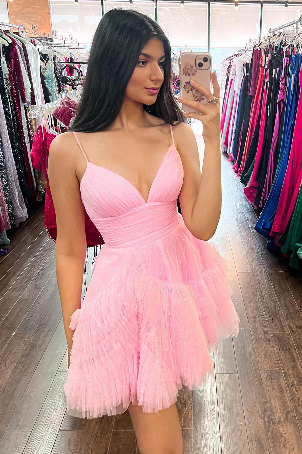 Glitter Pink Tulle A-Line Short Ruffled Homecoming Dress-BMbridal
