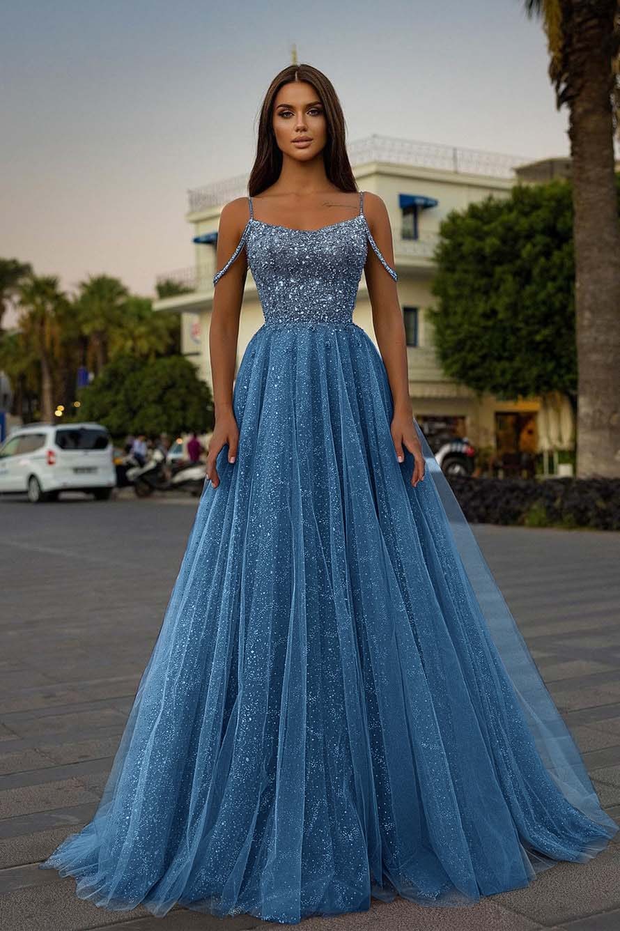 Tulle Spaghetti Strap Sleeveless A Line Long Prom Dress With Sequins Beads