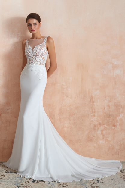 BMbridal Beautiful Mermaid V-Neck White Lace Wedding Dresses Affordable Online