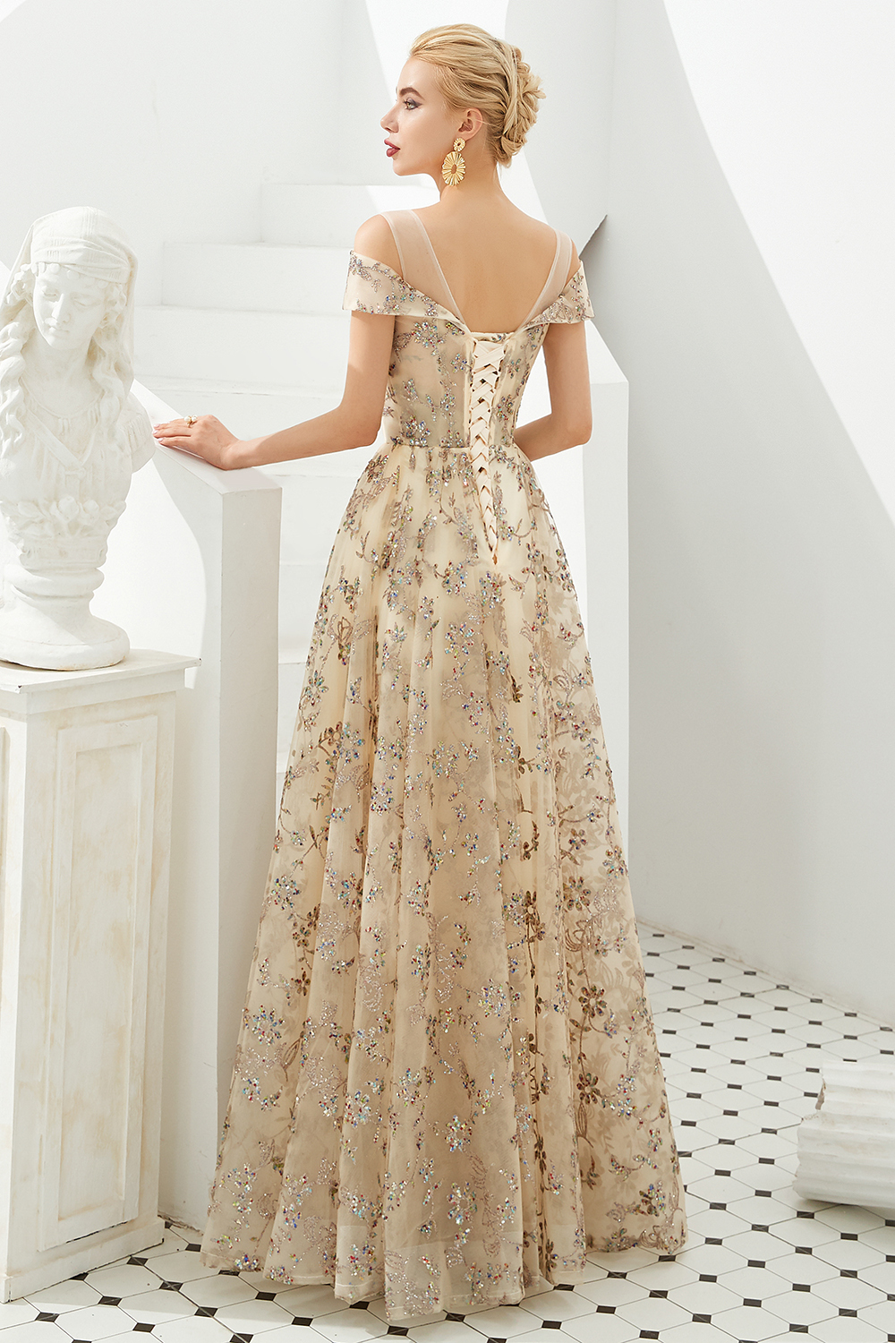 BMbridal Gold Off-the-Shoulder Sequins Prom Dress Long With Lace-Up Back