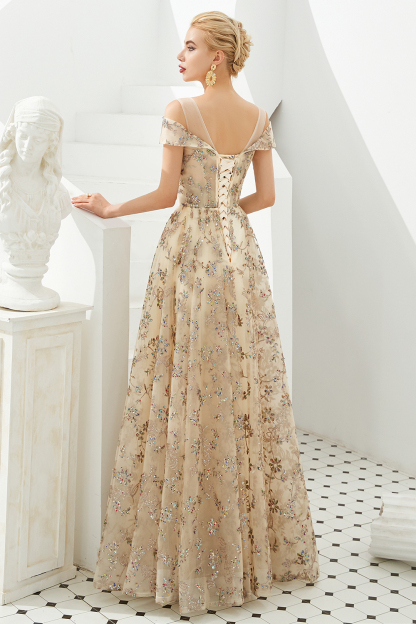 BMbridal Gold Off-the-Shoulder Sequins Prom Dress Long With Lace-Up Back