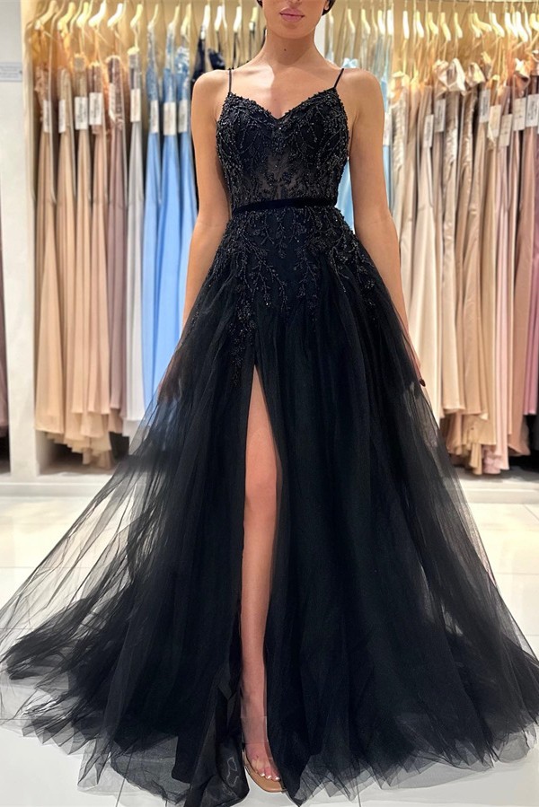 Bmbridal Spaghetti-Straps Black Prom Dress Sleeveless Tulle With Split