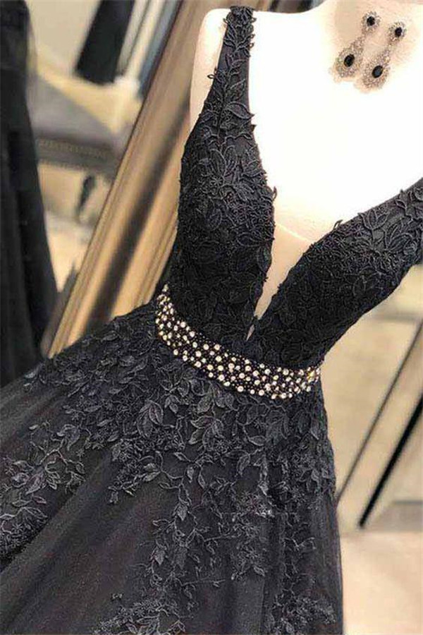 BMbridal Black V-Neck Lace Prom Dress Long Sleeveless Evening Gowns With Beads