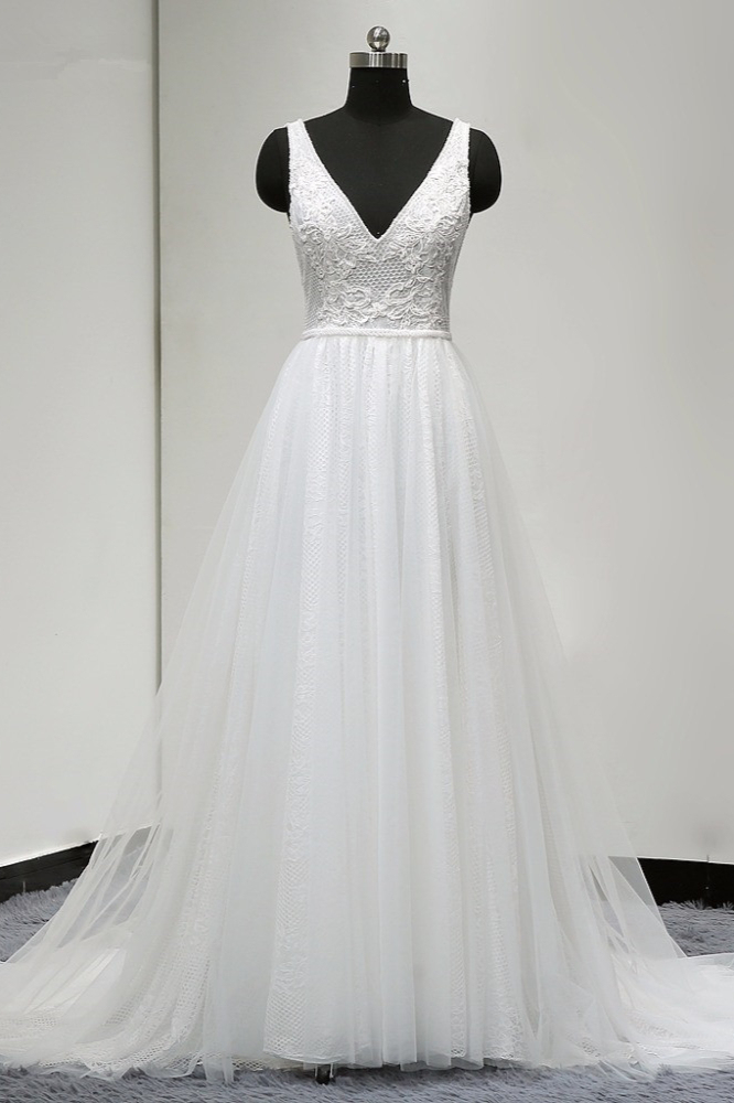 BMbridal Chic Straps V-Neck White Tulle Lace Wedding Dress Sleeveless Ruffles Bridal Gowns On Sale-BMbridal