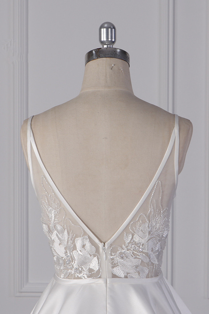 BMbridal Elegant Satin V-Neck Wedding Dress Lace Appliques Sleeveless Bridal Gowns On Sale-BMbridal