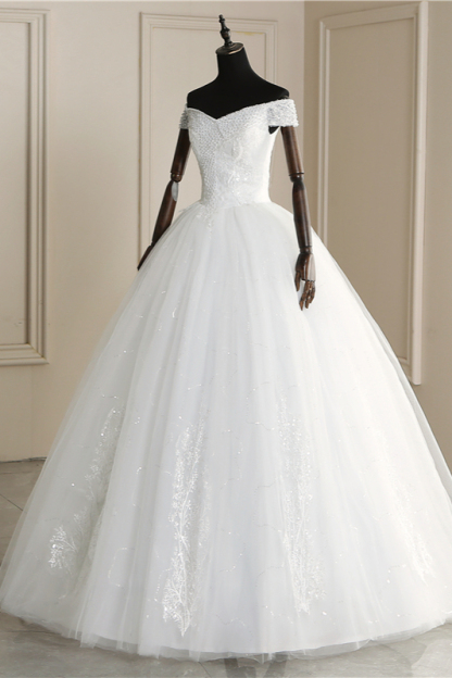 BMbridal Affordable Off-the Shoulder Sweetheart Tulle Wedding Dress Appliques Sleeveless Bridal Gowns with Pearls-BMbridal
