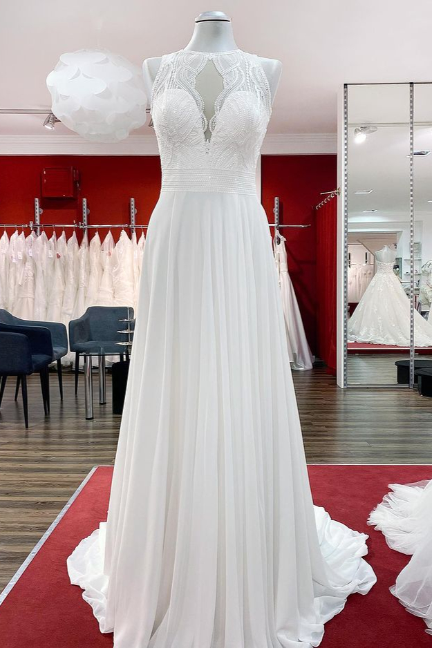 BMbridal Chiffon Jewel Ruffles Appliques A-Line Wedding Dresses-BMbridal