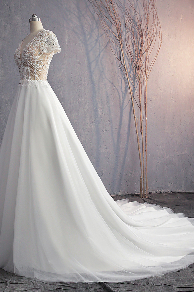 BMbridal Affordable V-Neck White Tulle Wedding Dress Short Sleeves Lace Appliques Bridal Gowns with Beadings-BMbridal