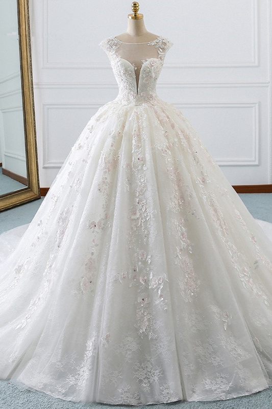 BMbridal Luxury Ball Gown Jewel Tulle Wedding Dress Beading Lace Appliques Sleeveless Bridal Gowns On Sale-BMbridal