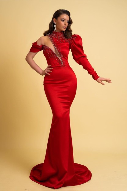 Bmbridal Red Sweetheart Mermaid High Neck Prom Dress With Beadings