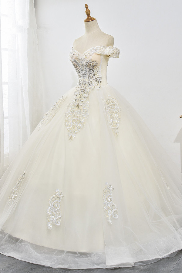 BMbridal Gorgeous Off-the-Shoulder Champagne Tulle Wedding Dress Ball Gown Lace Appliques Sleeveless Bridal Gowns Online-BMbridal