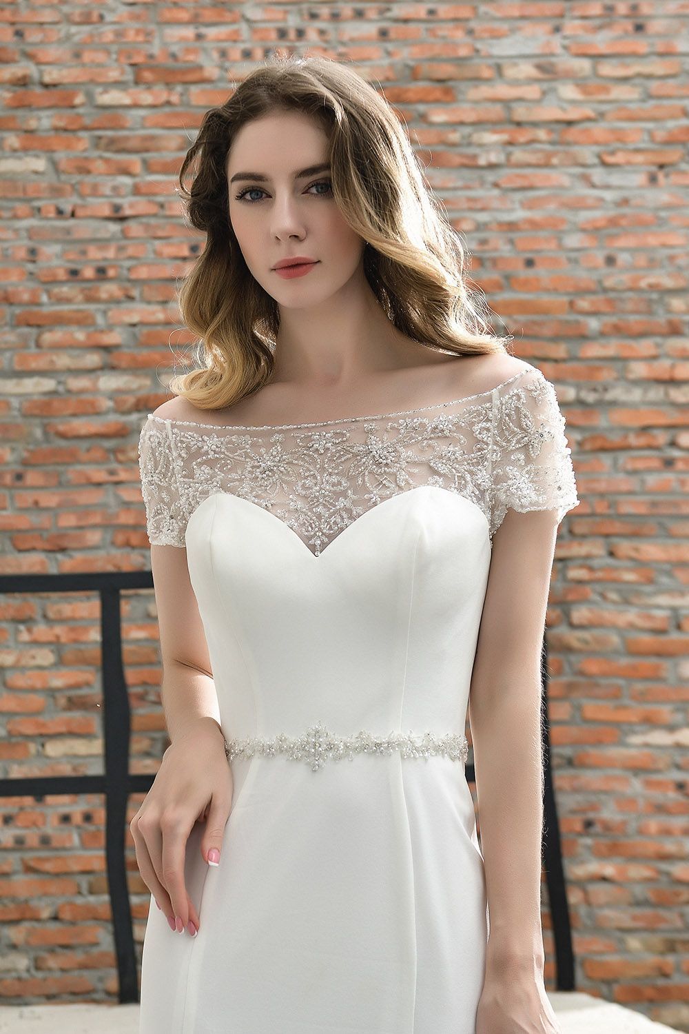 BMbridal Mermaid Satin Lace Off the Shoulder Affordable Ivory Wedding Dress