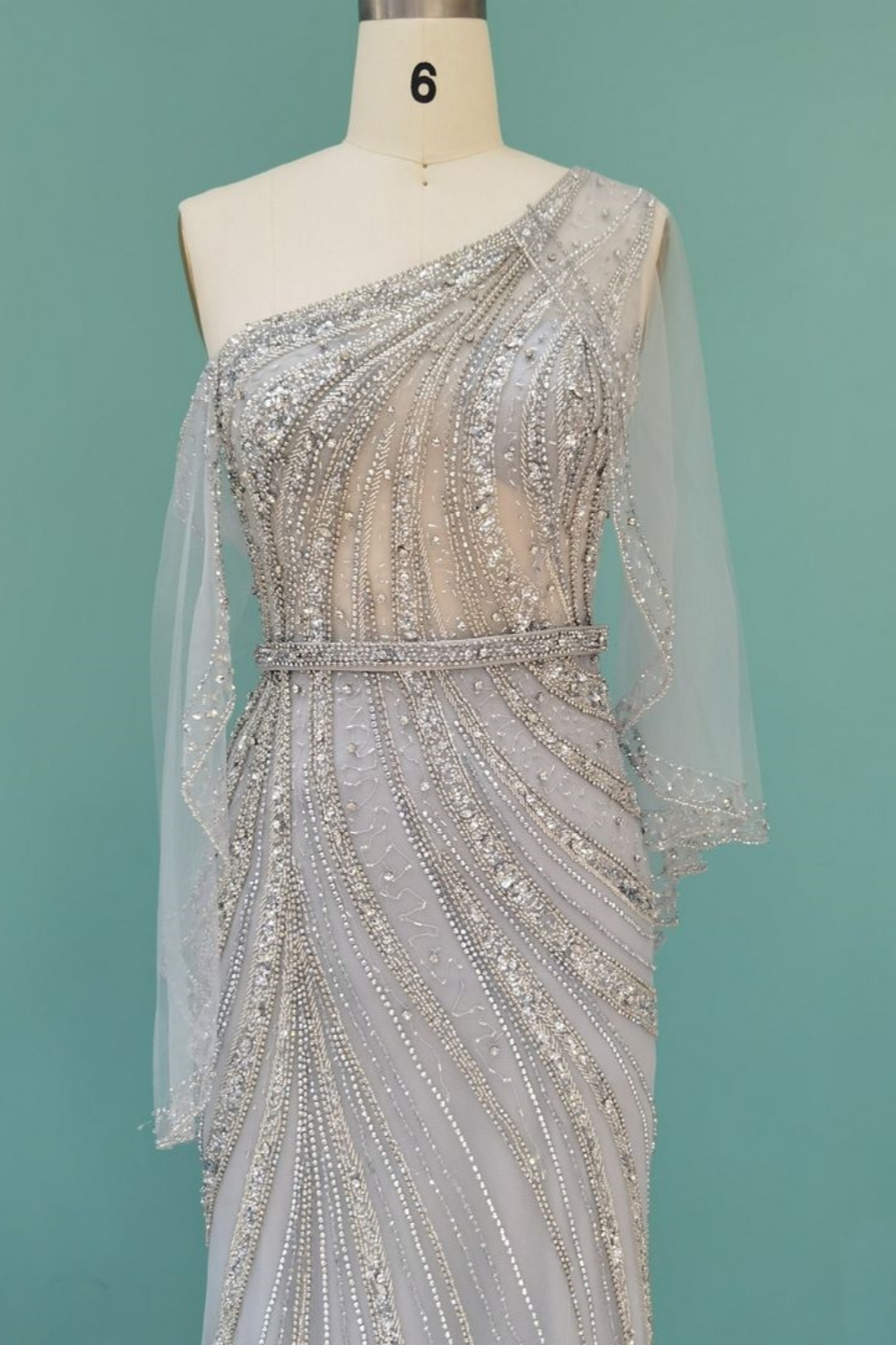 Bmbridal Silver Column One Shoulder Long Sleeves Prom Dresses with Beadings