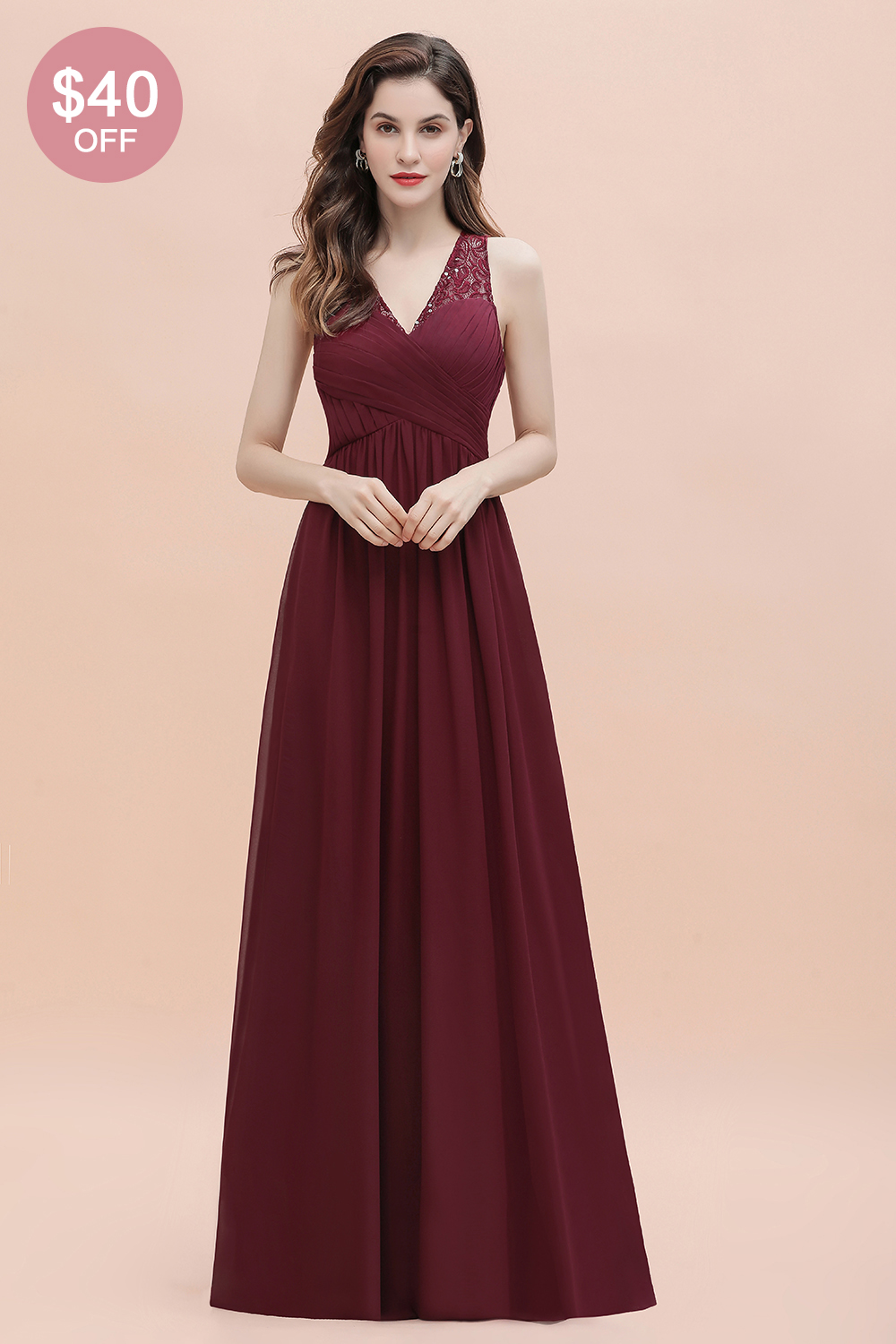BMbridal Elegant V-Neck Lace Ruffles Bridesmaid Dress Sequins Burgundy Chiffon Evening Dress