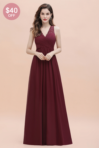 BMbridal Elegant V-Neck Lace Ruffles Bridesmaid Dress Sequins Burgundy Chiffon Evening Dress