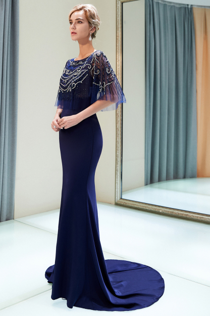 BMbridal Gorgeous Mermaid Jewel Long Prom Dresses Navy Beading Formal Dresses with Crystals