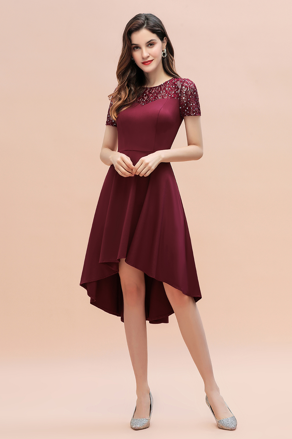 BMbridal Lovely Jewel Satin Sequins Bridesmaid Dress Short Sleeve Burgundy Cocktail Dress