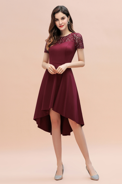 BMbridal Lovely Jewel Satin Sequins Bridesmaid Dress Short Sleeve Burgundy Cocktail Dress