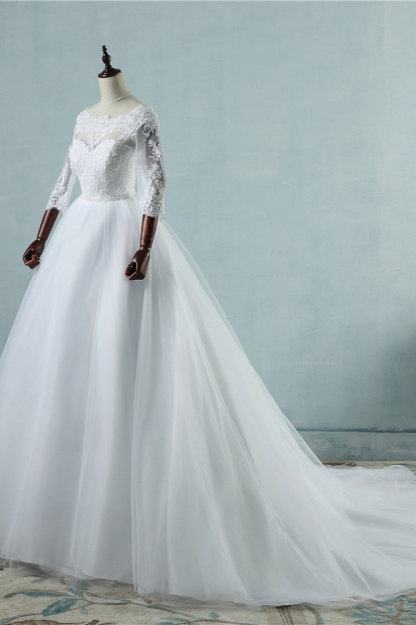 BMbridal Elegant Jewel Tulle Lace Wedding Dress 3/4 Sleeves Appliques A-Line Bridal Gowns On Sale