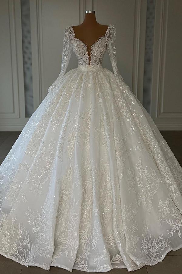 Bmbridal Ball Gown Long Sleeves Wedding Dress Lace V-Neck-BMbridal