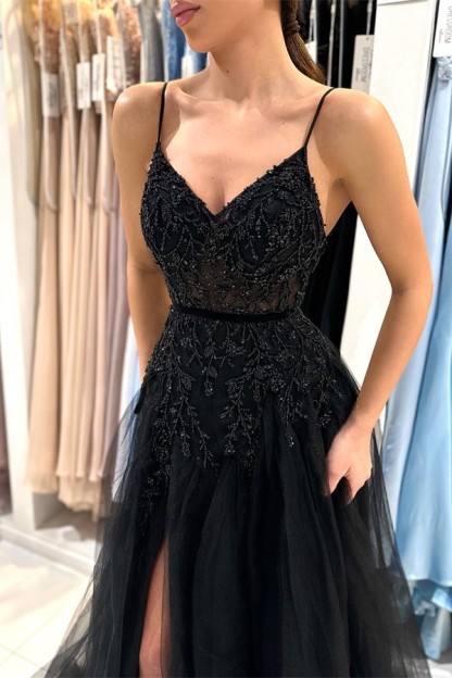 Bmbridal Spaghetti-Straps Black Prom Dress Sleeveless Tulle With Split