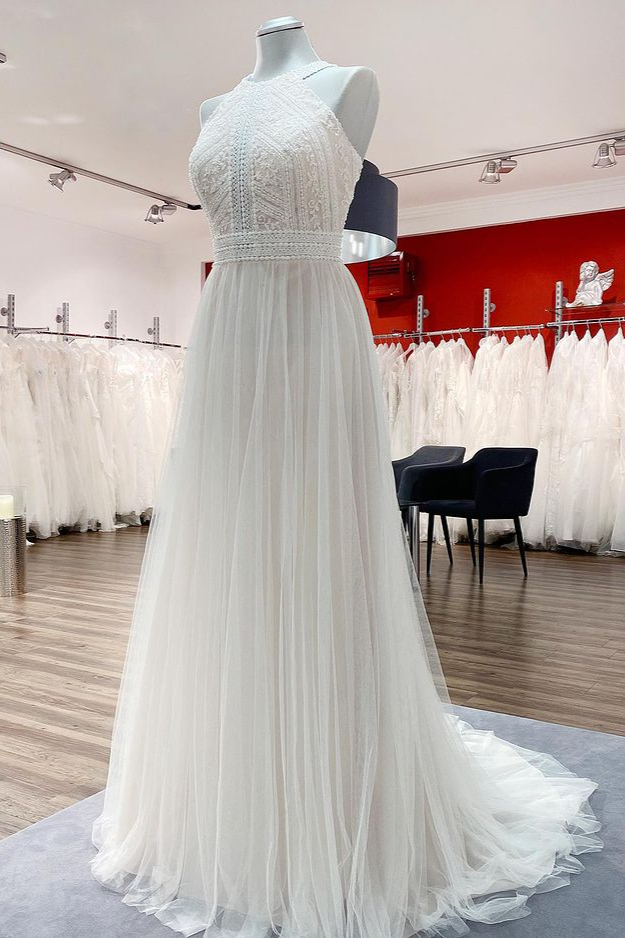 Vintage Long Halter Backless A-Line Wedding Dresses with Tulle Lace