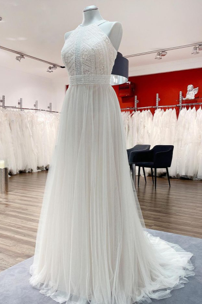 Vintage Long Halter Backless A-Line Wedding Dresses with Tulle Lace