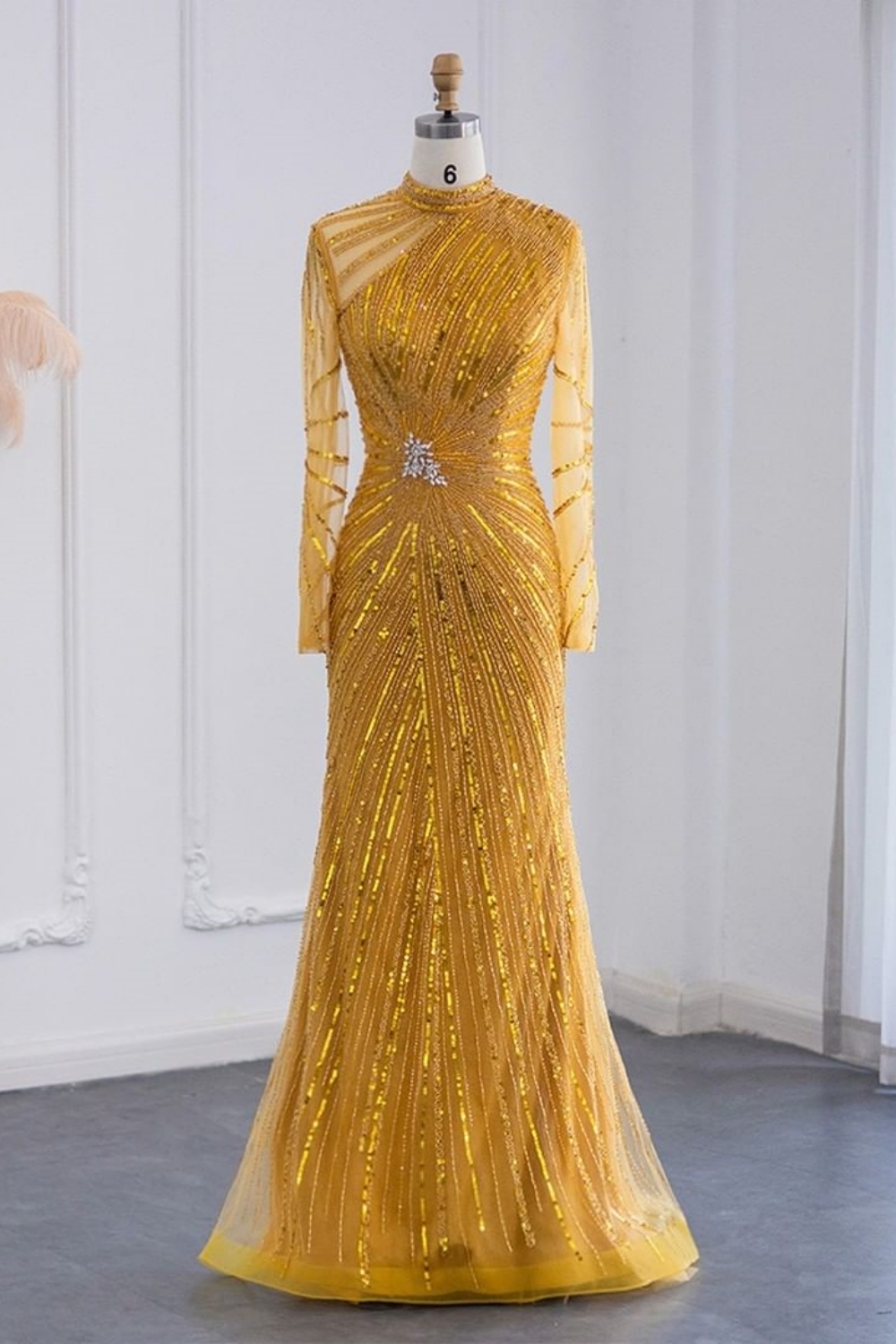 Bmbridal Yellow Floor-Length Long Sleeves High Neck Tulle Prom Dresses with Beadings