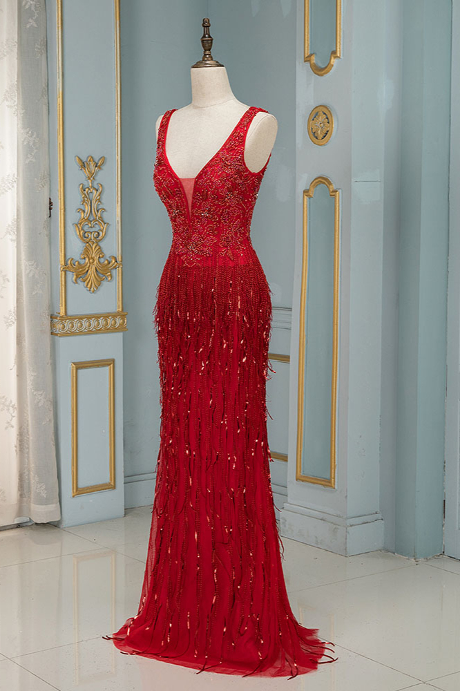BMbridal Chic Tulle Straps V-Neck Burgundy Prom Dresses with Rhinestone Appliques Online