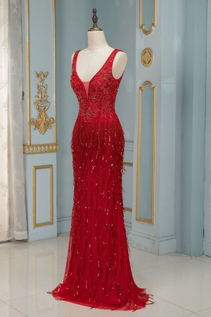 BMbridal Chic Tulle Straps V-Neck Burgundy Prom Dresses with Rhinestone Appliques Online