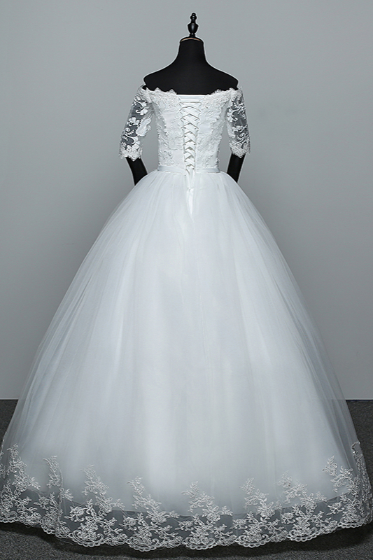 BMbridal Gorgeous Off-the-Shoulder Sweetheart Wedding Dress Tulle Lace White Bridal Gowns with Half Sleeves-BMbridal