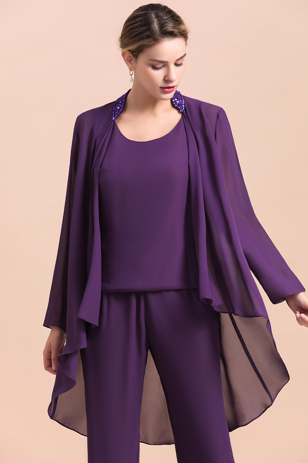 BMbridal Affordable Straps Beading Grape Chiffon Mother of Bride Jumpsuit Online with Wrap-BMbridal