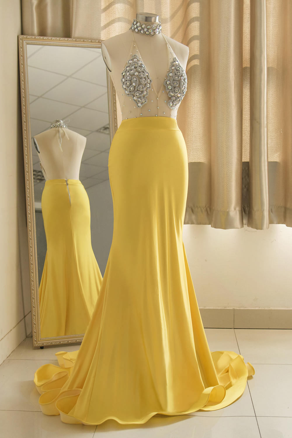 BMbridal Sexy Yellow Halter Backless Prom Dress Long Mermaid With Crystals