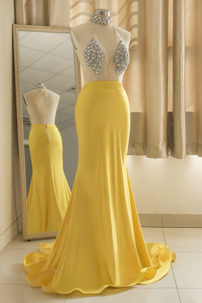 BMbridal Sexy Yellow Halter Backless Prom Dress Long Mermaid With Crystals