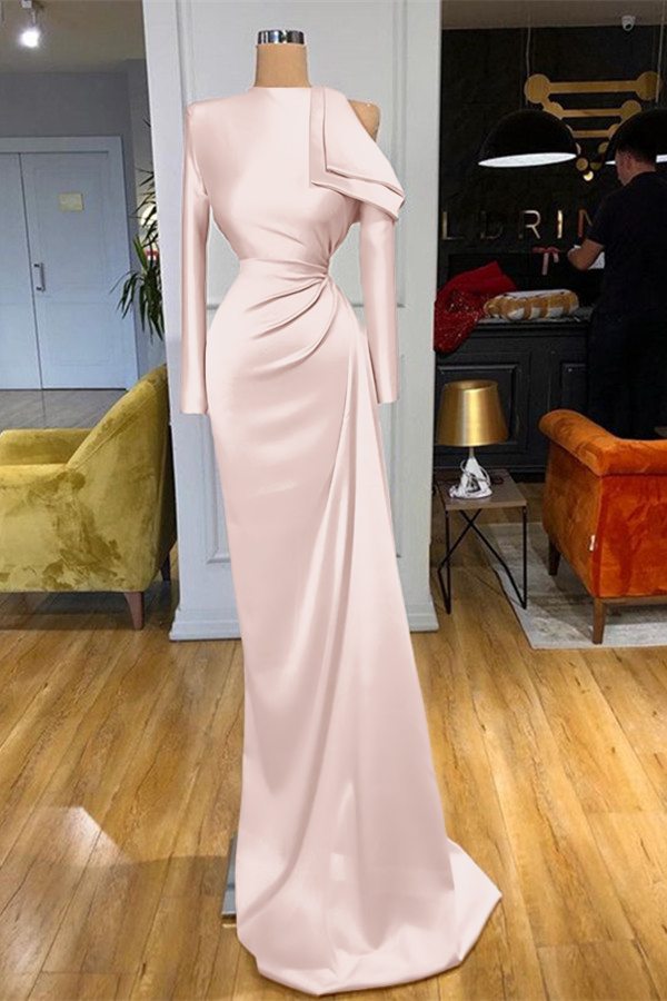 Charming High Neck Champagne Prom Dress Mermaid Long Sleeves With Pleated