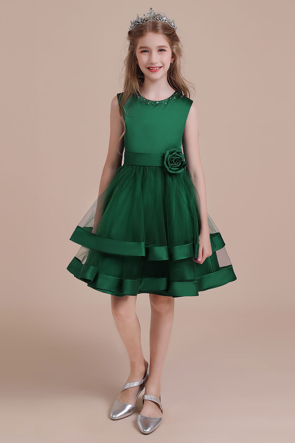 BMbridal A-Line Bow Satin Layered Tulle Flower Girl Dress Online-BMbridal