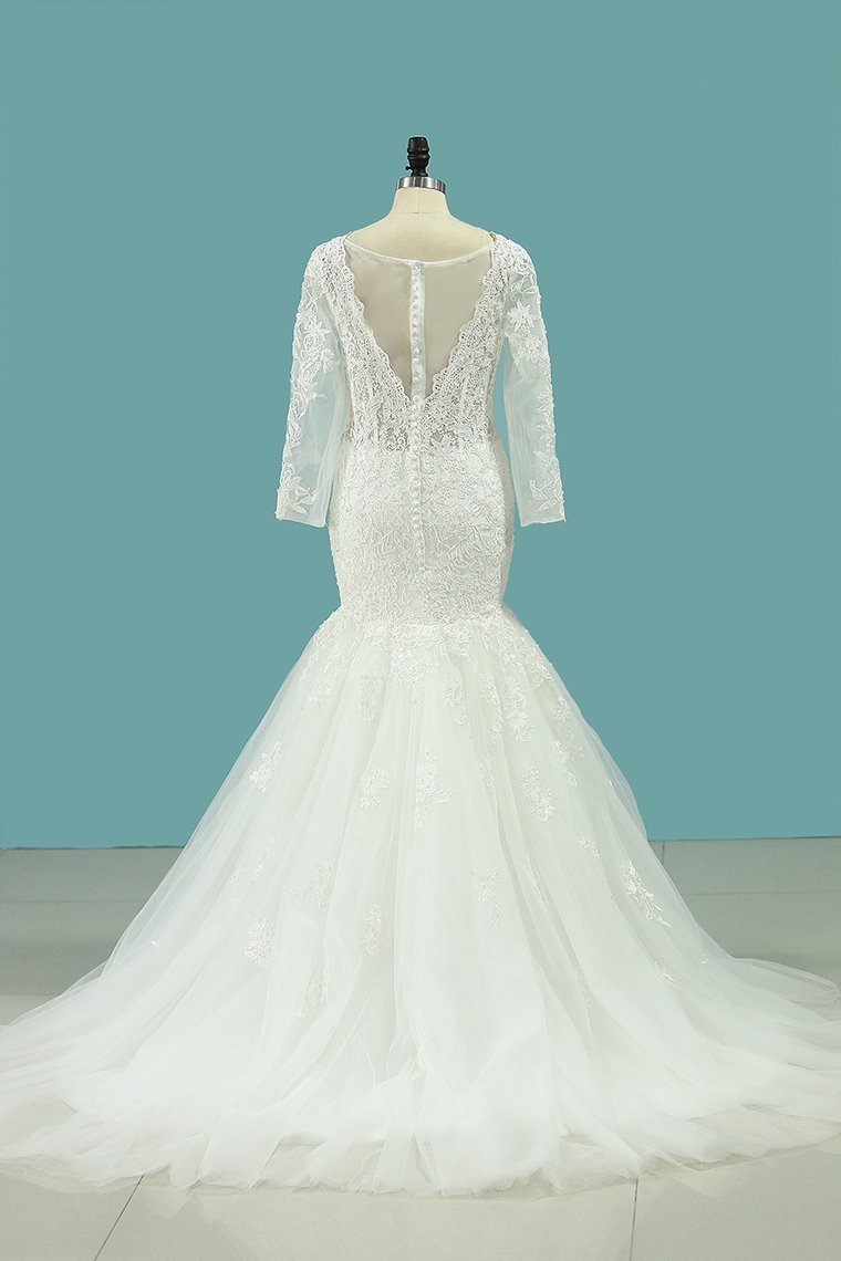 BMbridal Elegant Square Tulle Lace Wedding Dress Mermaid Long Sleeves Appliques Bridal Gowns On Sale-BMbridal