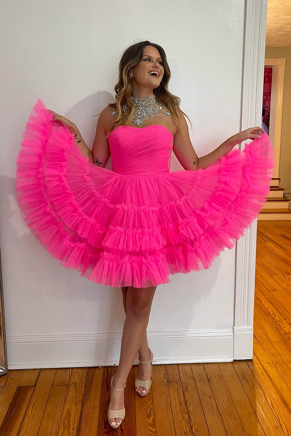 Fuchsia A-Line Sweetheart Tulle Tiered Corset Short Homecoming Dress-BMbridal