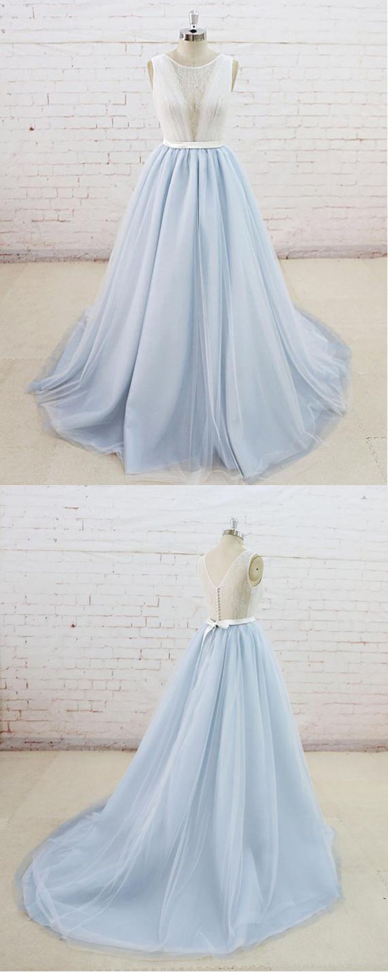 BMbridal Gorgeous Light Blue Tulle Lace Wedding Dress Sheer Back Summer Bridal Gowns On Sale
